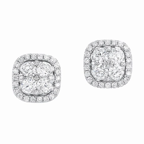 Layered Texture Uno Cushion Shaped Halo Cluster Earrings 14K White Gold