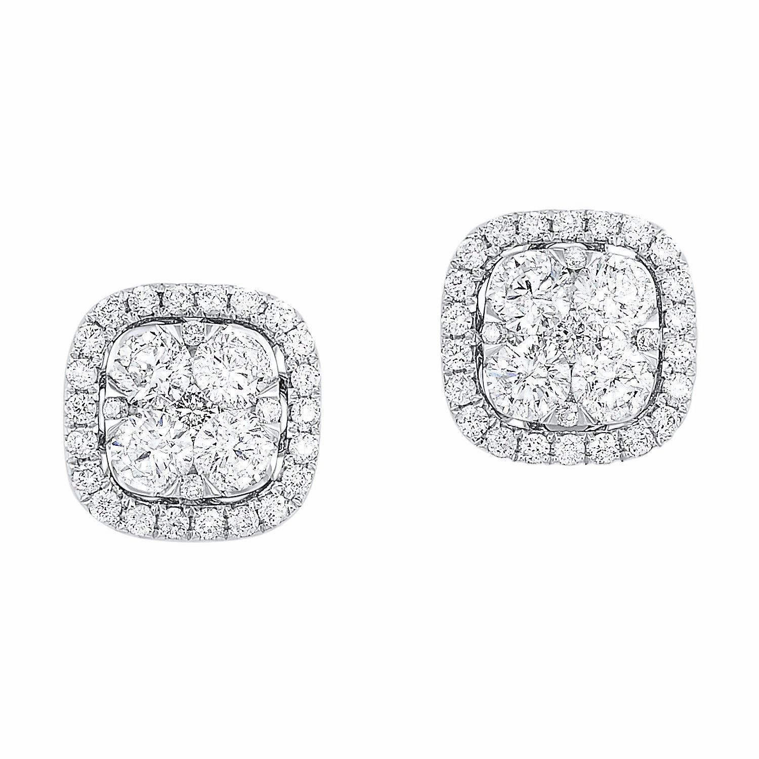 Uno Cushion Shaped Halo Cluster Earrings 14K White Gold Polished Look Modern Ornament