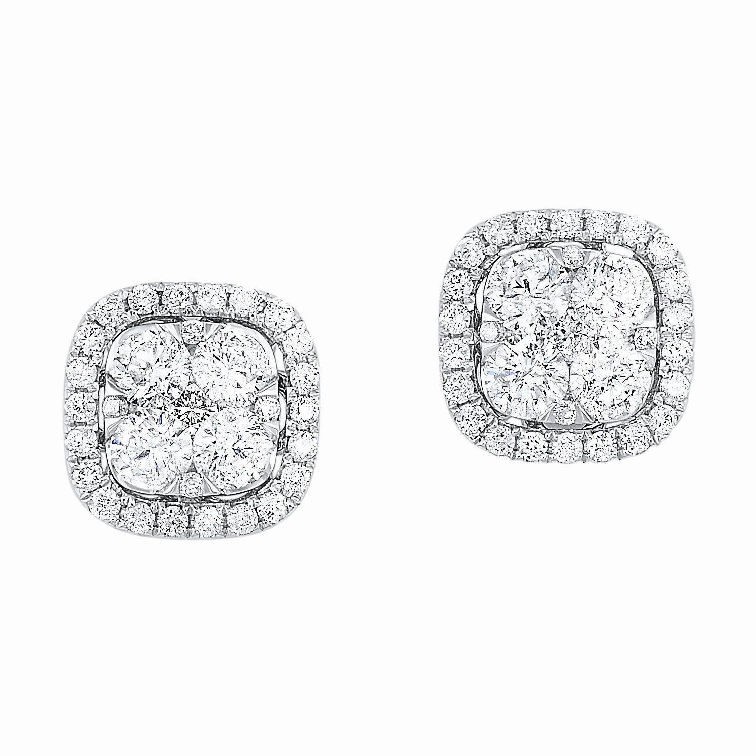 Layered Texture Uno Cushion Shaped Halo Cluster Earrings 14K White Gold