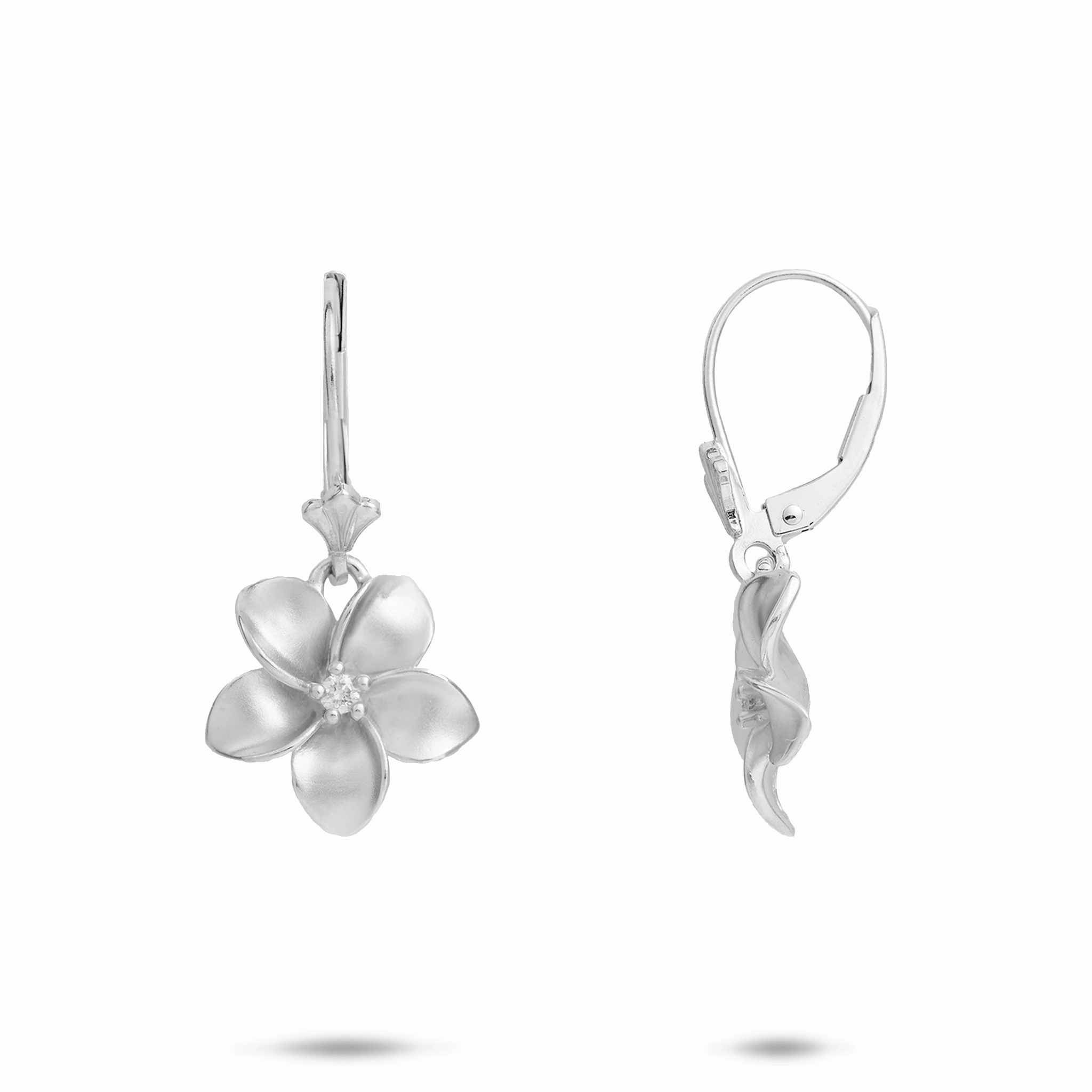 Plumeria Earrings in White Gold with Diamonds - 13mm Silhouetted Shine