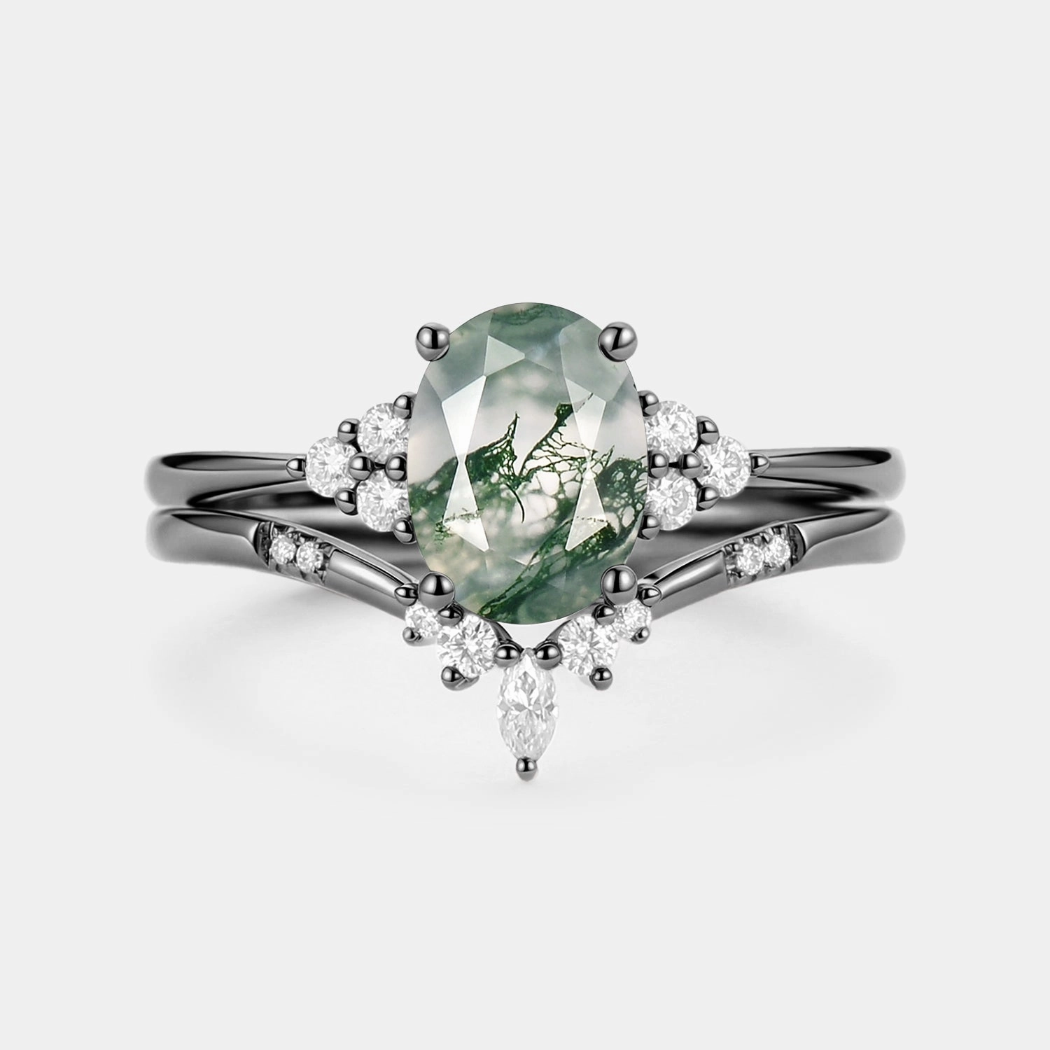 Daily Detail Custom Design Pieces Oval Cut Moss Agate Classic Cluster Gold Ring Set 2pcs - Solara