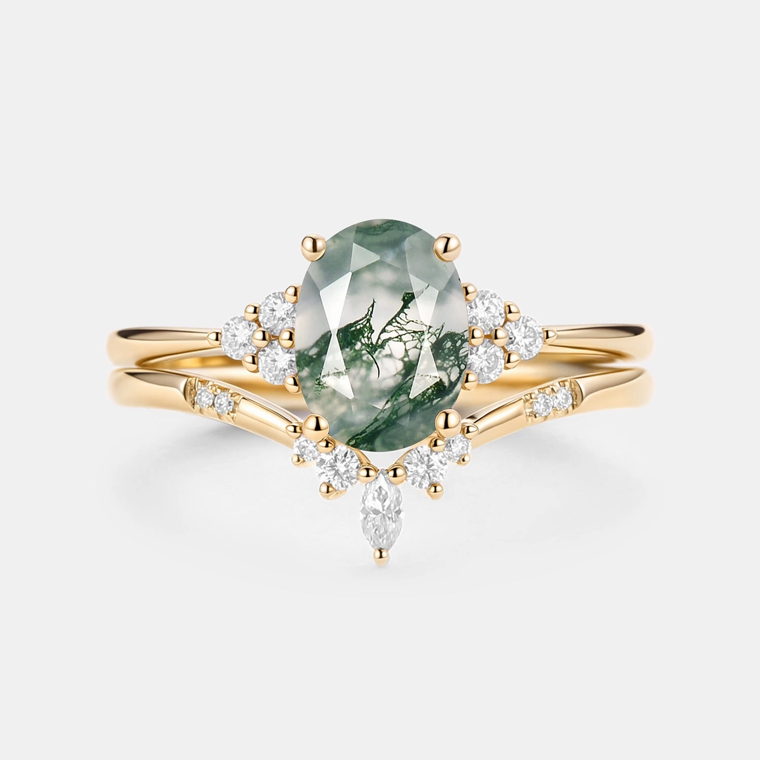 Oval Cut Moss Agate Classic Cluster Gold Ring Set 2pcs - Solara Flat Detail Sophisticated Shine Pieces