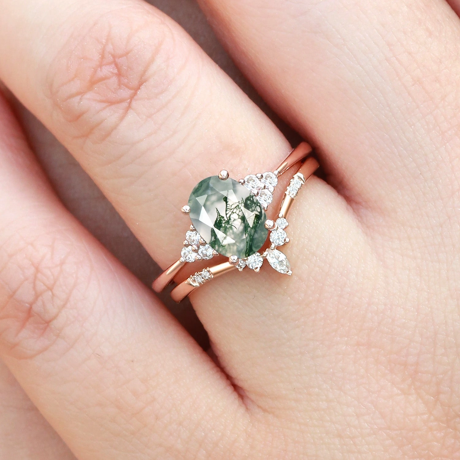 Unique Craft Glow Layer Oval Cut Moss Agate Classic Cluster Gold Ring Set 2pcs - Solara