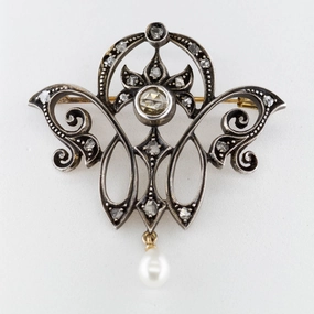 Graceful Line Fashion Touch Art Nouveau Silver Topped Gold Brooch with Rose Cut Diamonds | 0.57 ctw |