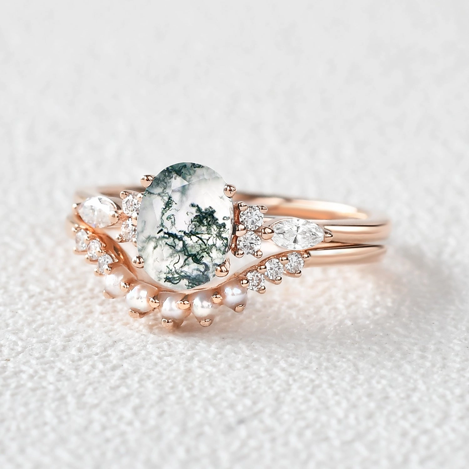 Exclusive Appeal 1.5ct Oval Cut Moss Agate & Pearl Engagement Ring Set 2pcs