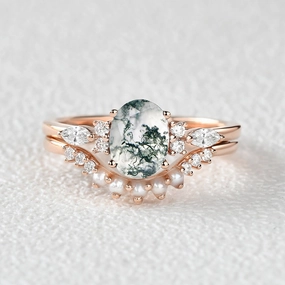 1.5ct Oval Cut Moss Agate & Pearl Engagement Ring Set 2pcs Simple Accent