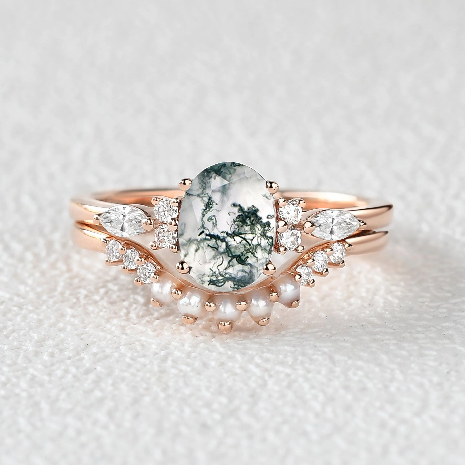 1.5ct Oval Cut Moss Agate & Pearl Engagement Ring Set 2pcs Simple Accent