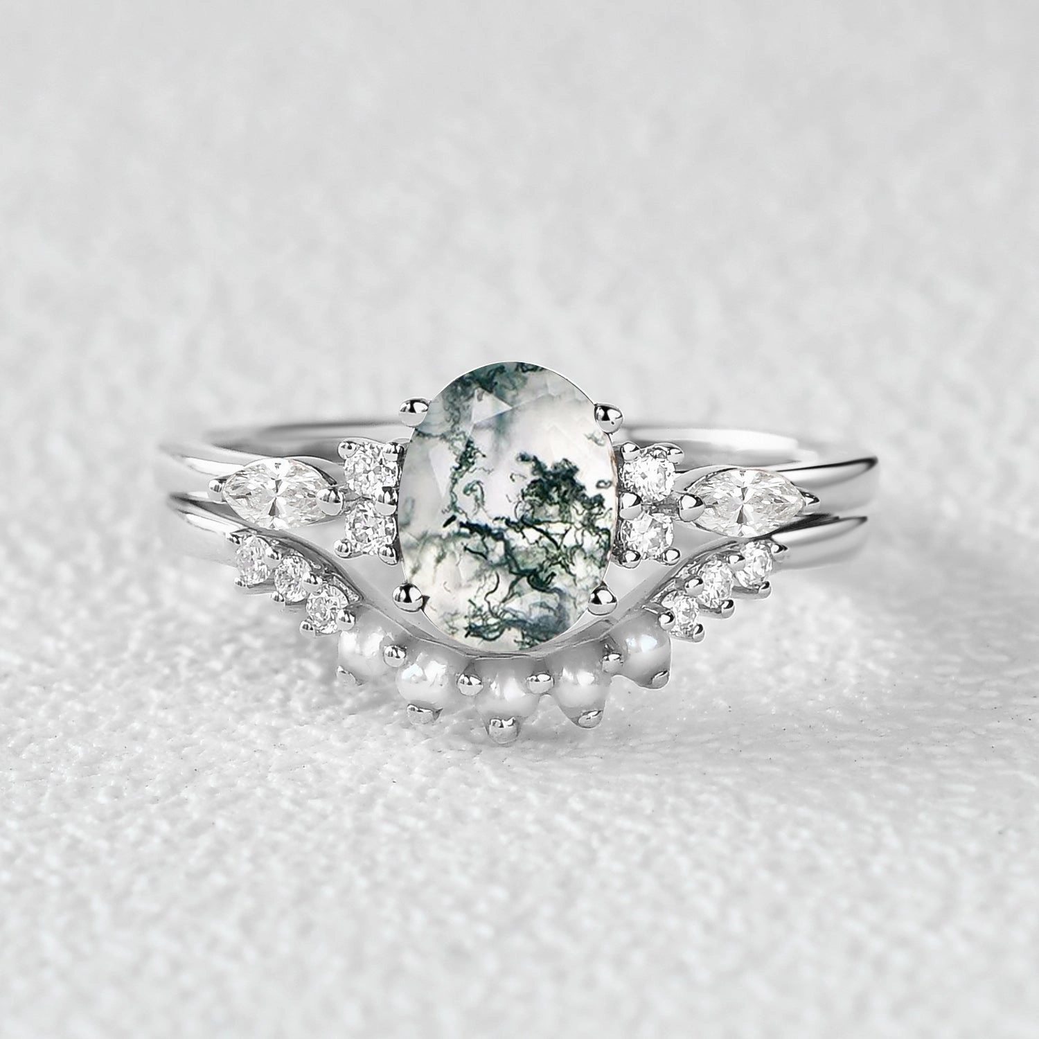 Radiant Jewelry 1.5ct Oval Cut Moss Agate & Pearl Engagement Ring Set 2pcs