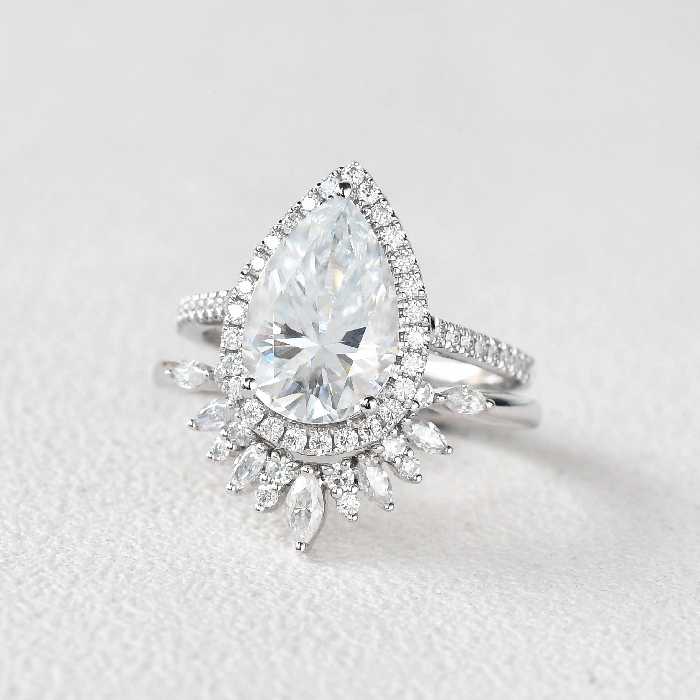Lively Accent 3.5ct Pear Shaped Moissanite White Gold Halo Ring Set 2pcs