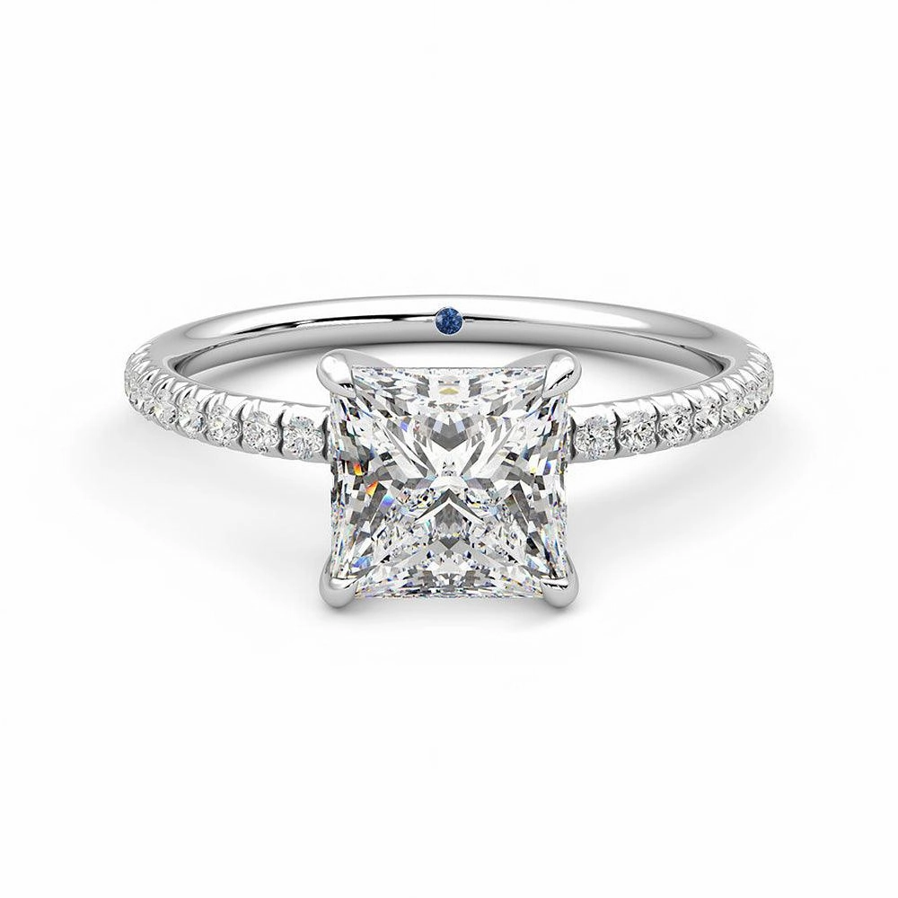 Subtle Twist Chic Day Four Prong Princess Cut Moissanite Engagement Ring with Hidden Anniversary Stone Accent