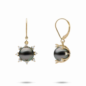 Tasteful Accent Protea Tahitian Black Pearl Earrings in Gold with Diamonds - 9-10mm