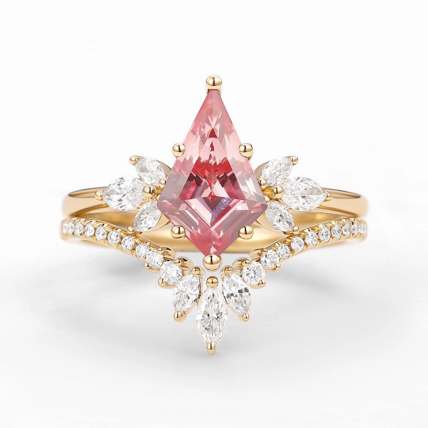 Minimal Accent Radiant Touch Pieces 1.0ct Fairy Ring - Kite Cut Pink Lab Grown Diamond Butterfly Engagement Ring Set 2pcs