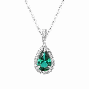 1 CT. Pear Shaped Emerald Pendant with Pav?? Diamond Halo Delicate Frame Dressy Mood