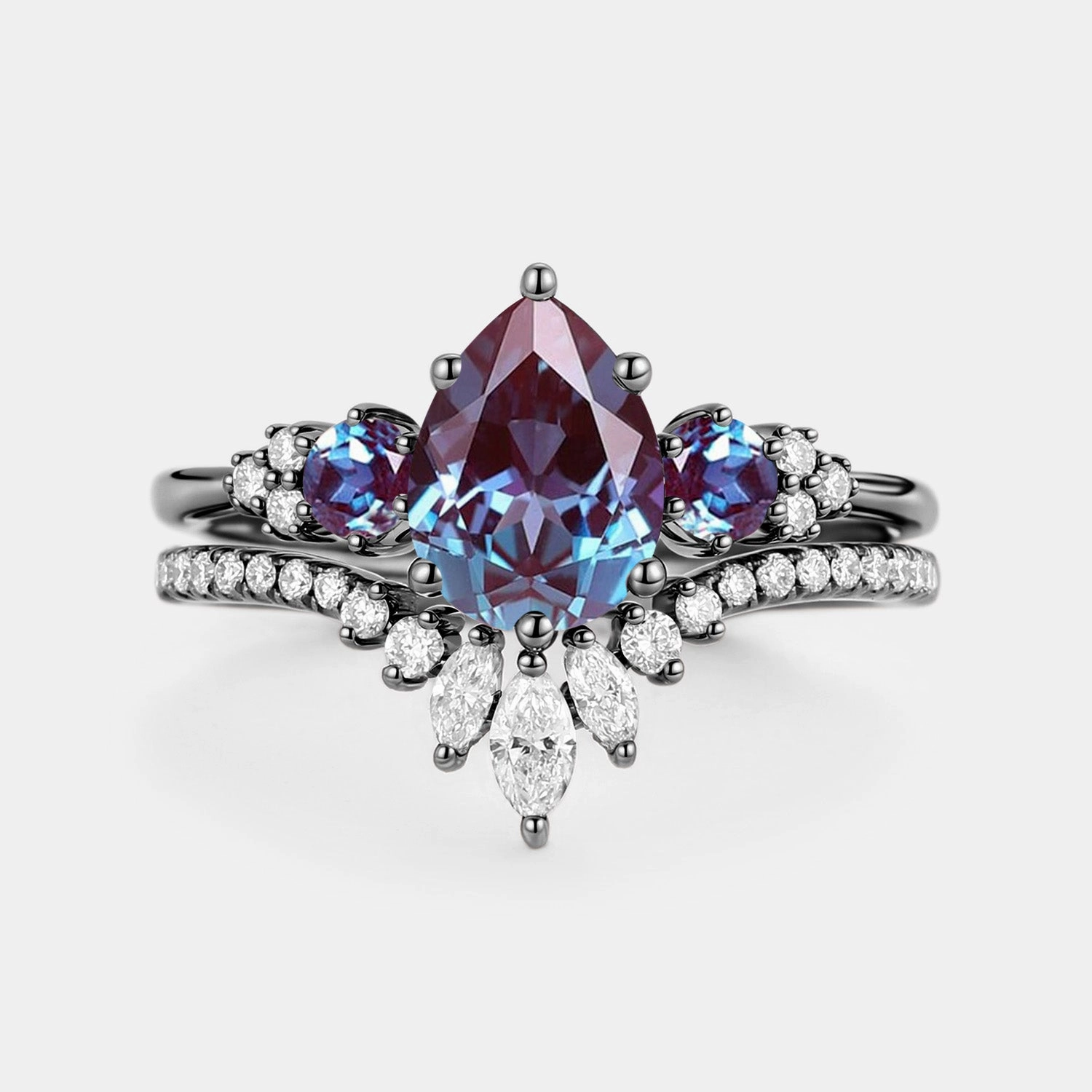 Pear Cut Lab Alexandrite & Moissanite Cluster Ring Set 2pcs - Lexi Classic Sparkle Timeless Layer
