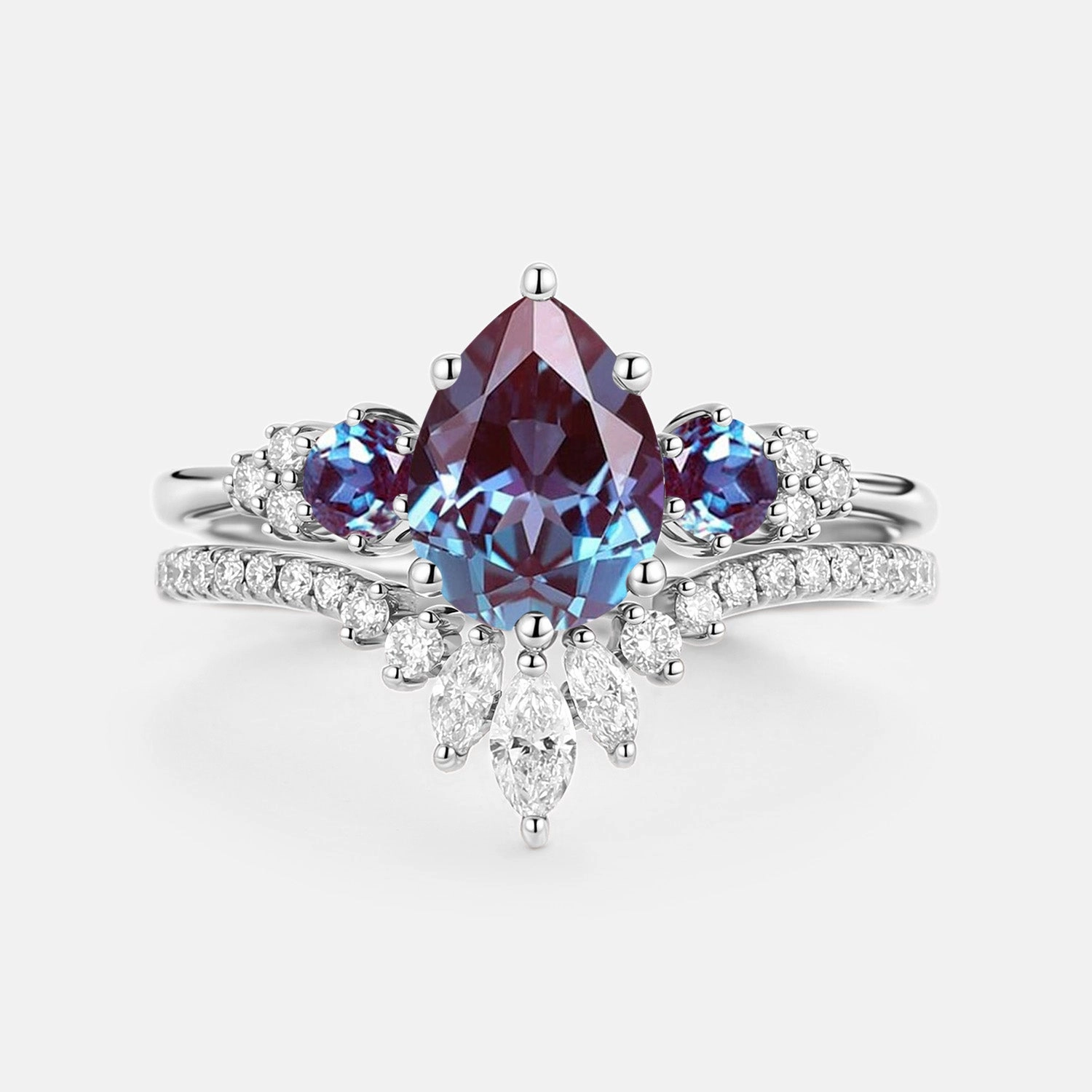 Elegant Pop Glossy Finish Pear Cut Lab Alexandrite & Moissanite Cluster Ring Set 2pcs - Lexi