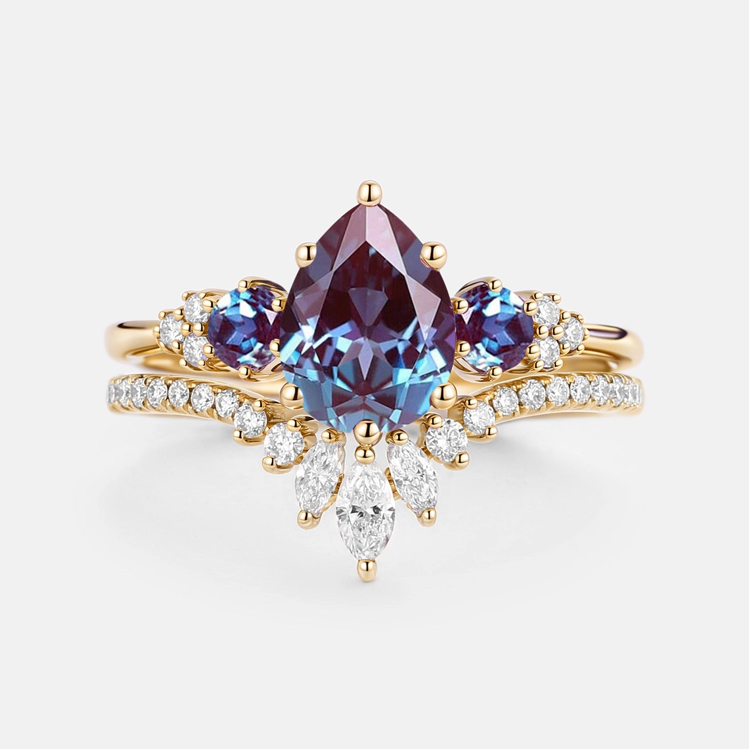 Pear Cut Lab Alexandrite & Moissanite Cluster Ring Set 2pcs - Lexi Detail Focus