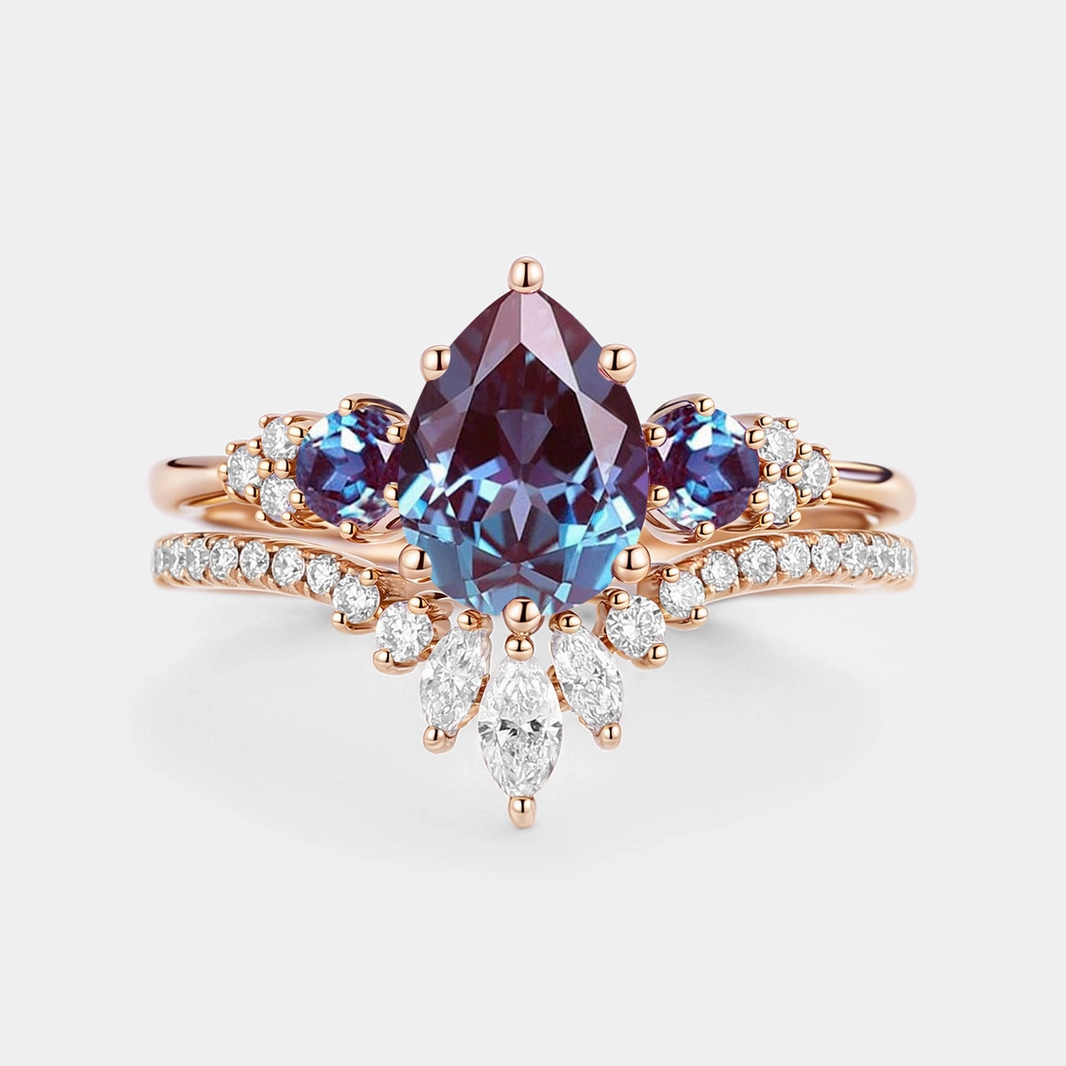 Event Edge Pear Cut Lab Alexandrite & Moissanite Cluster Ring Set 2pcs - Lexi