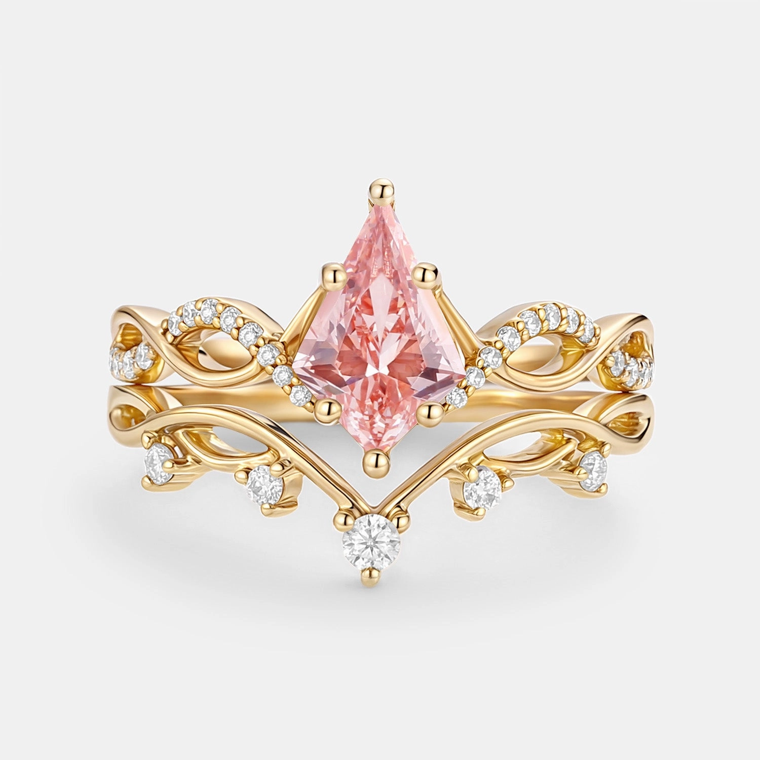 Leafy Kite Pink Lab Grown Diamond Ring Set 2pcs - Phyllon Sculpted Finish