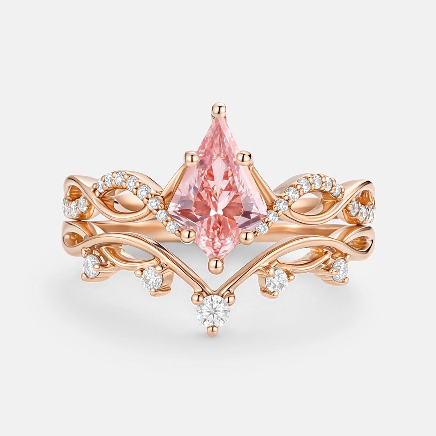 Leafy Kite Pink Lab Grown Diamond Ring Set 2pcs - Phyllon Cozy Accent