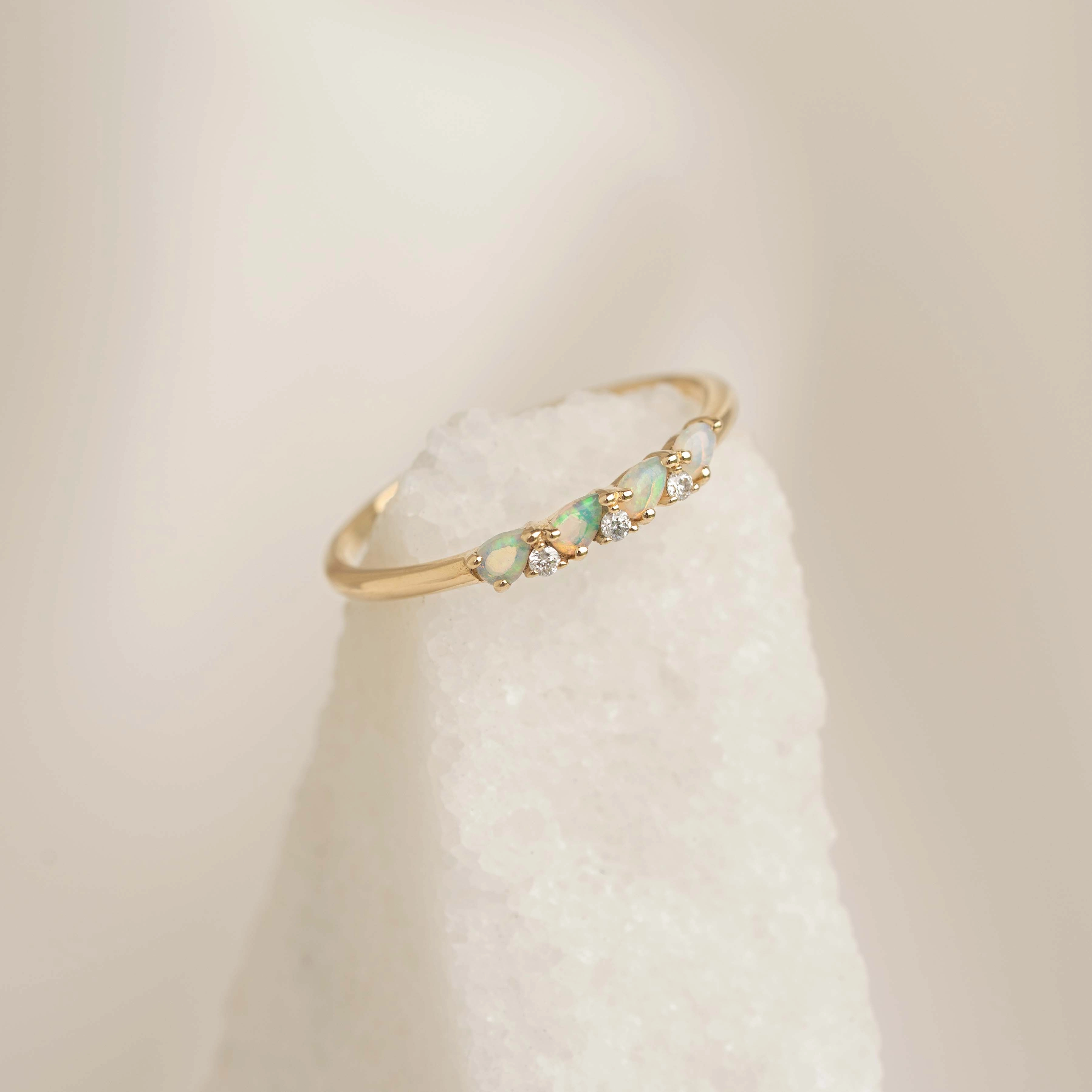October Birthstone Pear Ring 14k Gold - Opal and Diamond Lush Accent