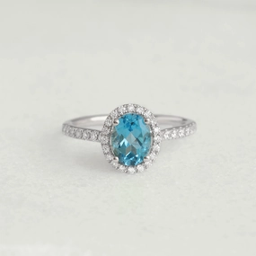 Oval Swiss Blue Topaz Halo Ring White Gold - Suna Delicate Beauty Color Accent