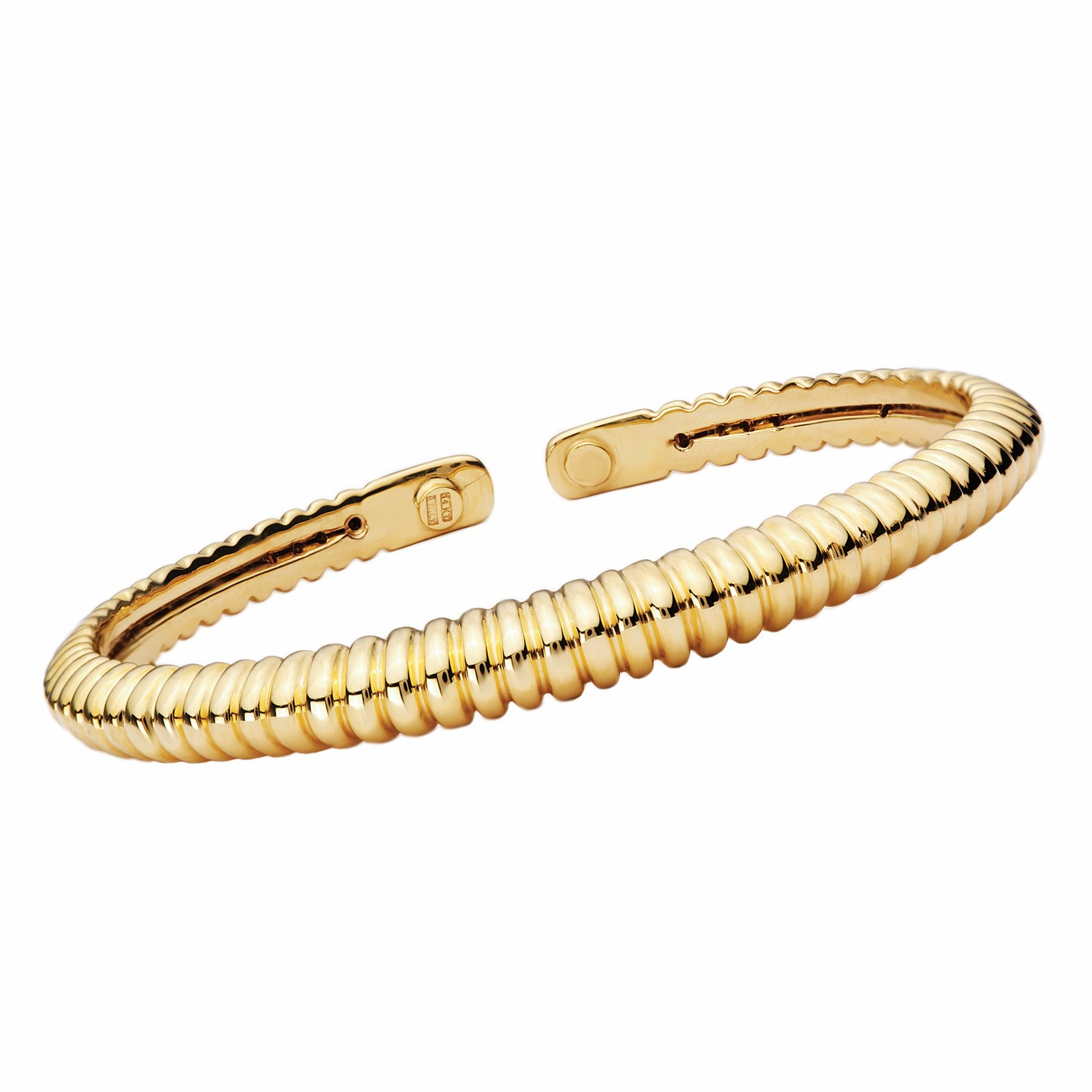 Sleek Look Brilliant Shine 14K Yellow Gold Hollow Flexible Cuff with Ribbed Pattern