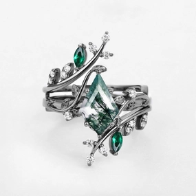 Black Gold Kite Cut Moss Agate & Emerald Cage Leafy Engagement Ring Sets 2pcs Budget Ornament Delicate Work