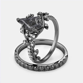 Kite Cut Black Rutilated Quartz Leafy Pave Black Gold Couple Ring Set 3pcs Fun Accent