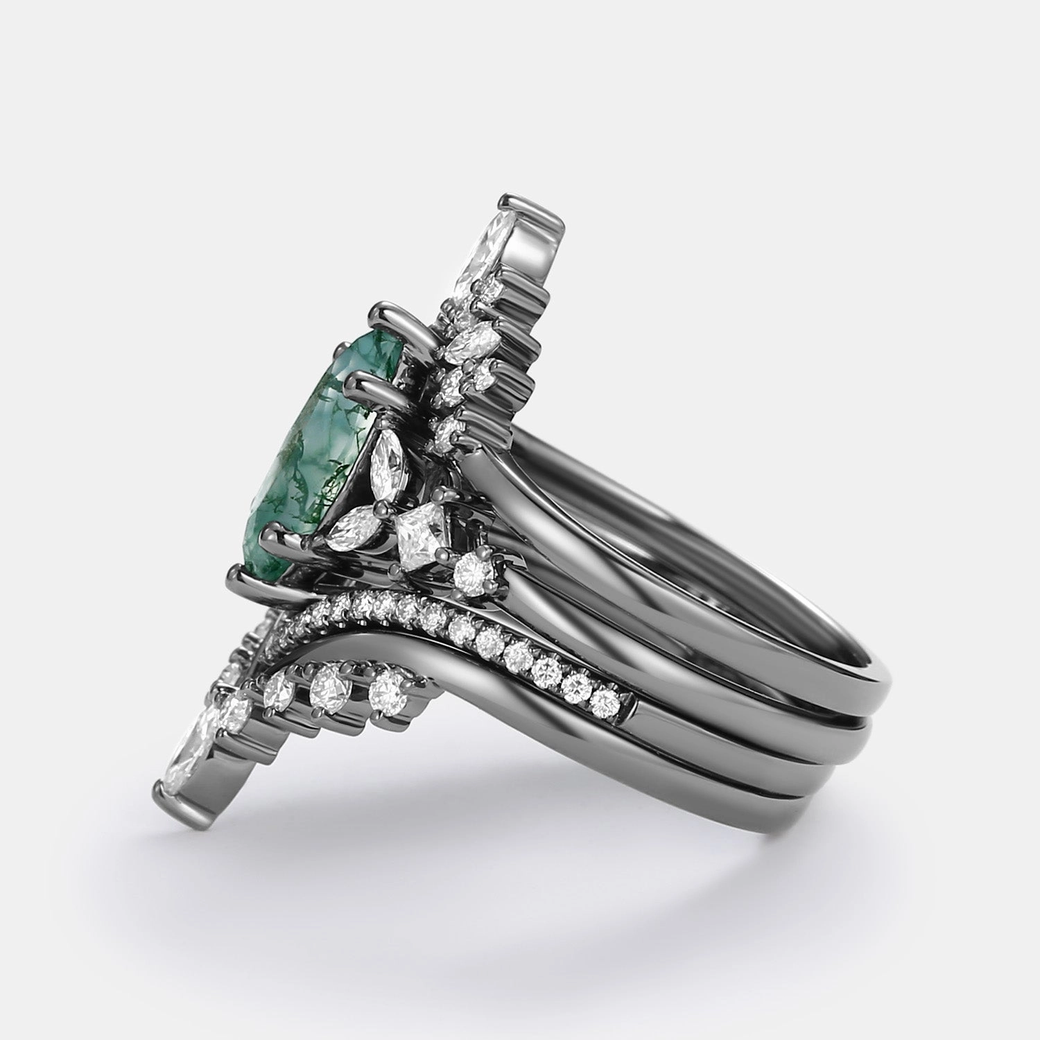 Unique Marquise Moss Agate Engagement Ring Set 4pcs - Amelia Top Pick