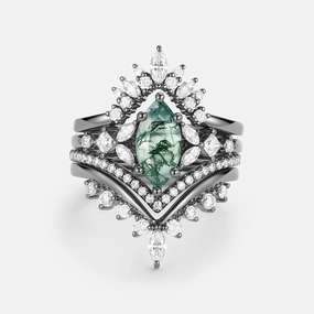 Glowing Detail Chic Silhouette Unique Marquise Moss Agate Engagement Ring Set 4pcs - Amelia