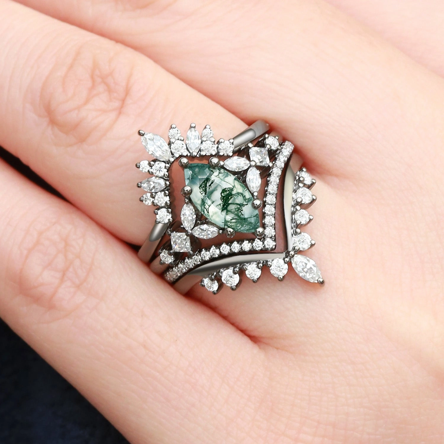 Romantic Edge Unique Marquise Moss Agate Engagement Ring Set 4pcs - Amelia