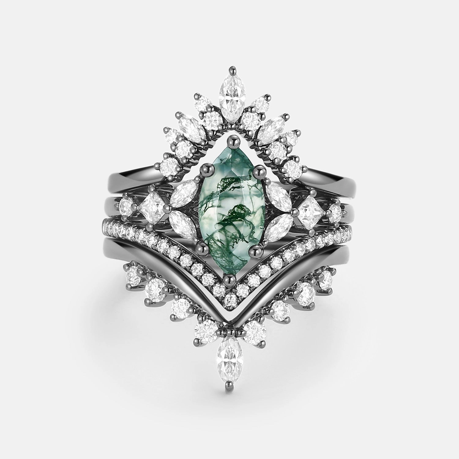 Glowing Detail Chic Silhouette Unique Marquise Moss Agate Engagement Ring Set 4pcs - Amelia