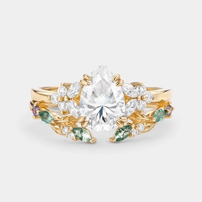 Pear Shaped Moissanite Leafy Chevron Gold Ring Set 2pcs - Chloris Everyday Look Luminous Accent