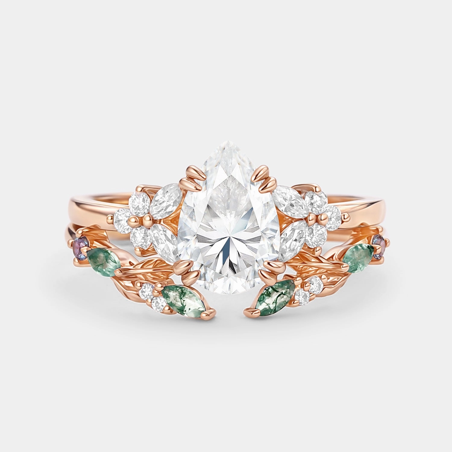 Bold Jewelry Pieces Pear Shaped Moissanite Leafy Chevron Gold Ring Set 2pcs - Chloris