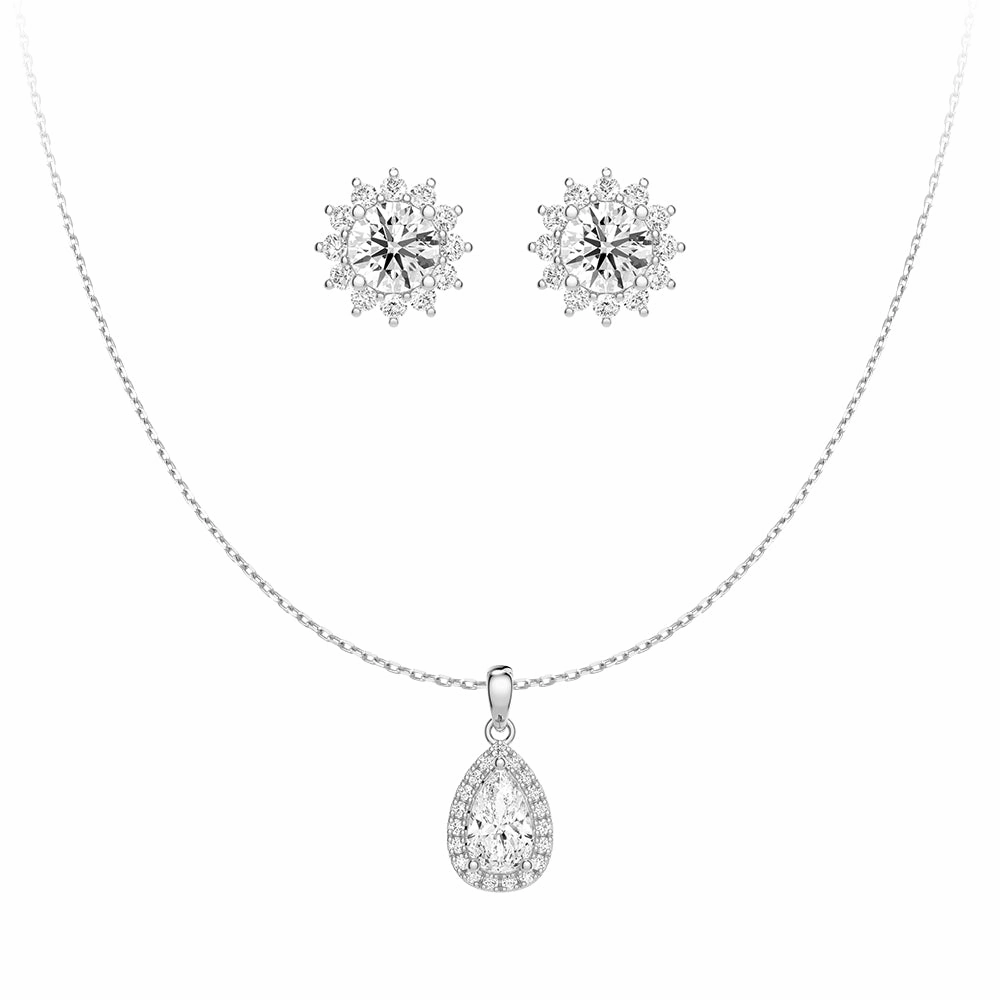 Halo Pear Moissanite Pendant Necklace And Sunflower Round Moissanite Stud Earrings Chic Appeal