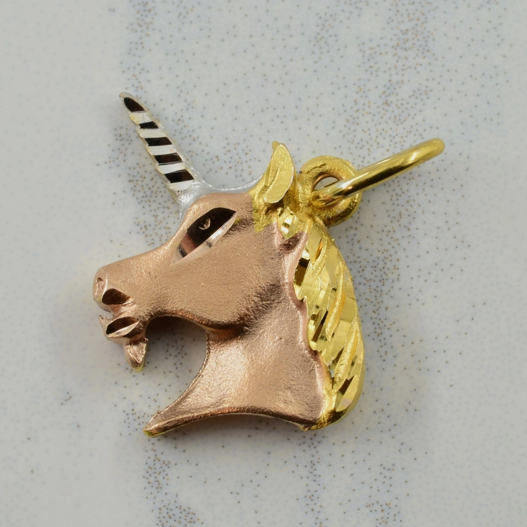 Sparkle Finish Textured Detail 10k Tri-Tone Gold Unicorn Charm |