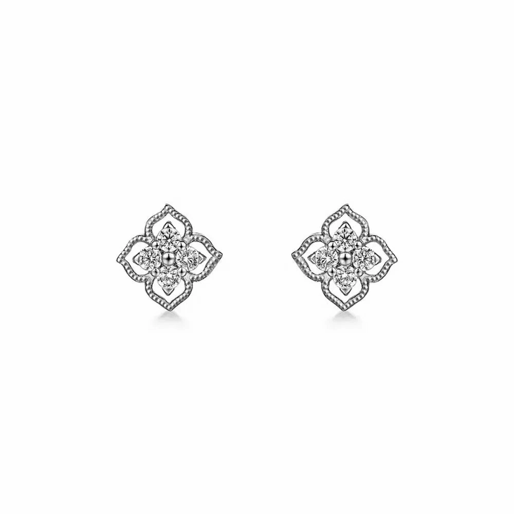 Wedding Ready Timeless Set Raised-Edge Clover Diamond Studs with Centered Sparkle