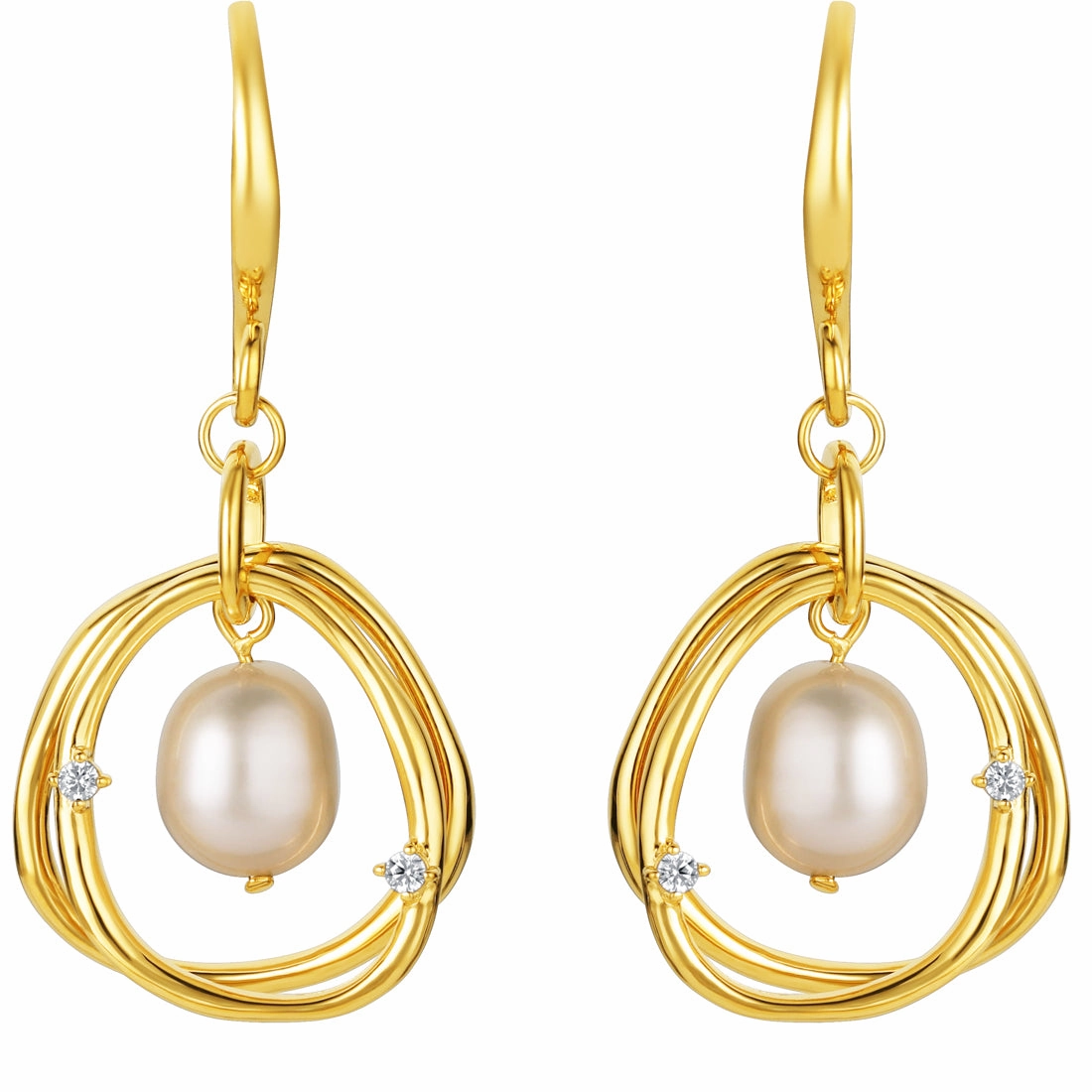 Yellow-Tone Sterling Silver Freshwater Cultured Pearl Wreath Drop Earrings Layered Touch Exquisite Look