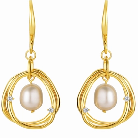 Yellow-Tone Sterling Silver Freshwater Cultured Pearl Wreath Drop Earrings Layered Touch Exquisite Look