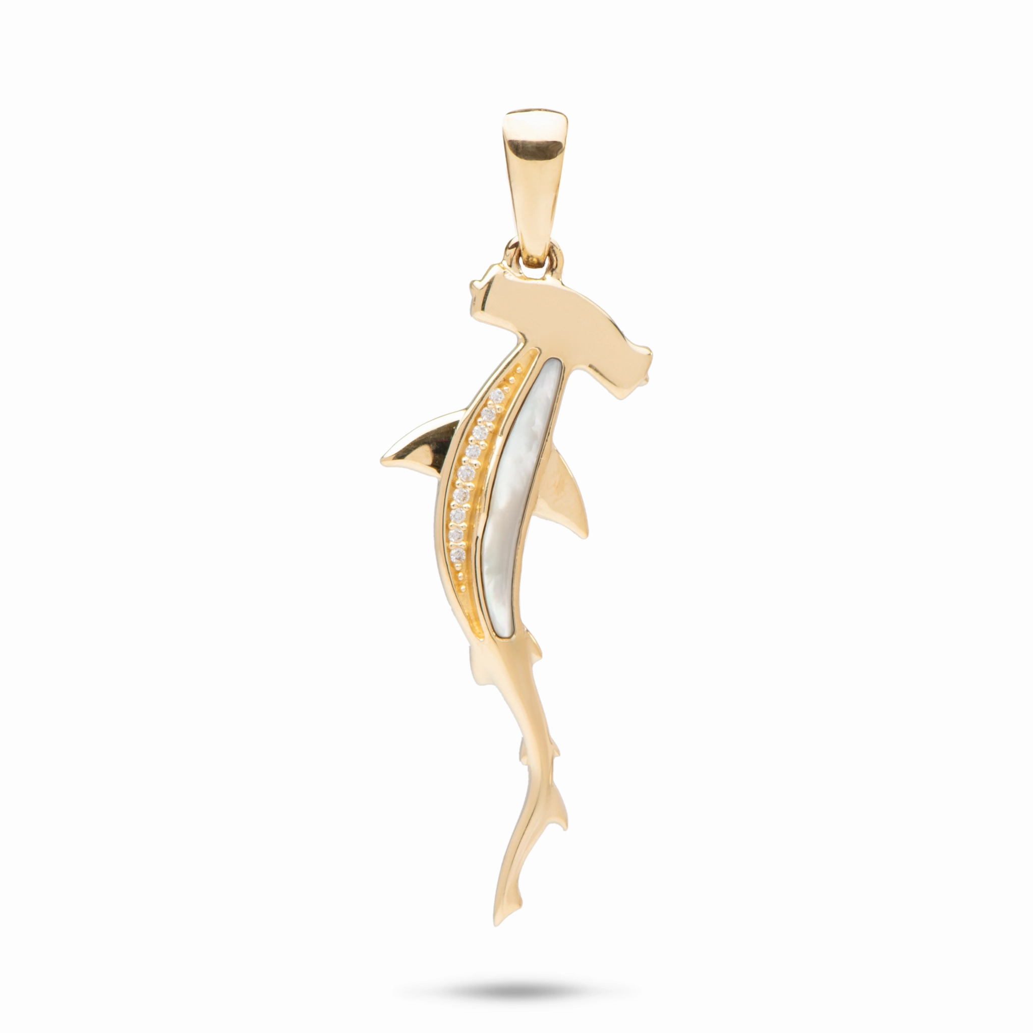 Sealife Hammerhead Shark Mother of Pearl Pendant in Gold with Diamonds - 34mm Fashionable Jewelry
