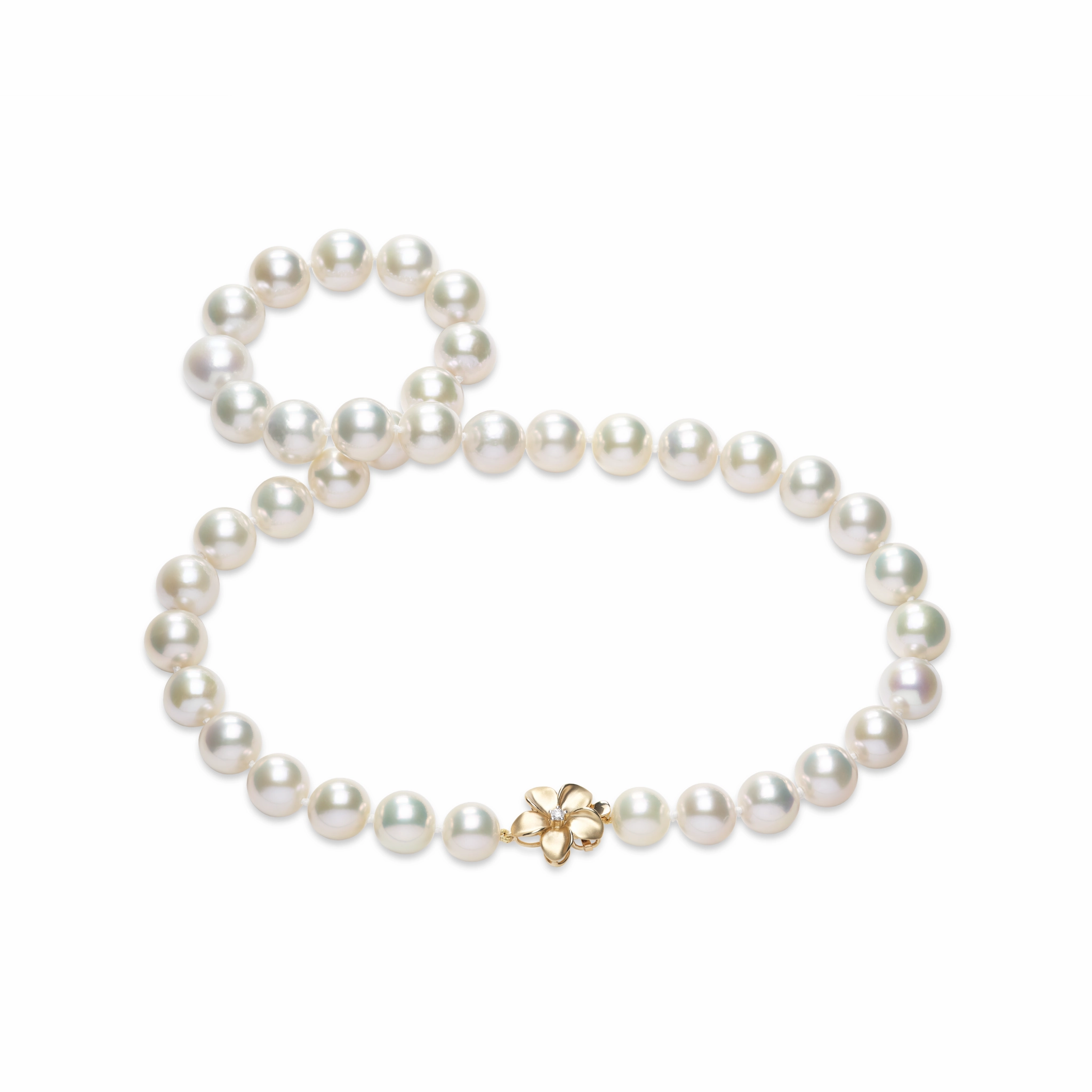 20" Freshwater White Pearl Strand with Diamond Plumeria Clasp in Gold - 10-12mm Everyday Charm