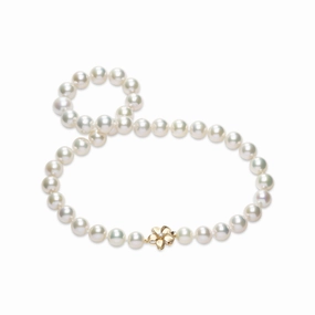 Shimmer Mood Timeless Highlight 20" Freshwater White Pearl Strand with Diamond Plumeria Clasp in Gold - 10-12mm