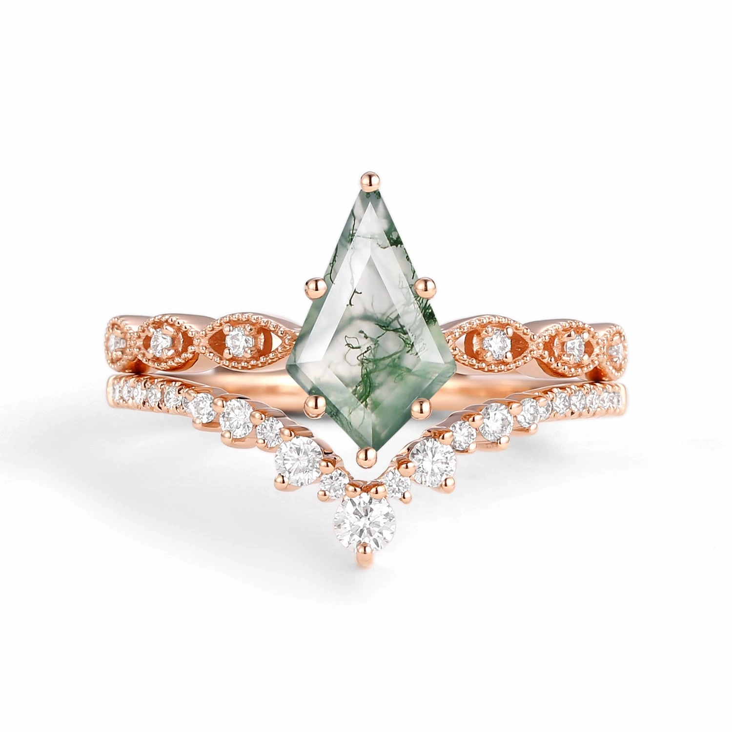 Wonderful Adornment 2.0ct Vintage Kite Cut Moss Agate Engagement Ring Set 2pcs - Winona