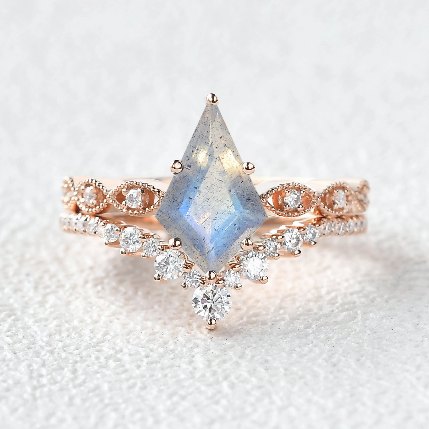 2.0ct Vintage Kite Cut Moss Agate Engagement Ring Set 2pcs - Winona Lightweight Touch Fine Piece