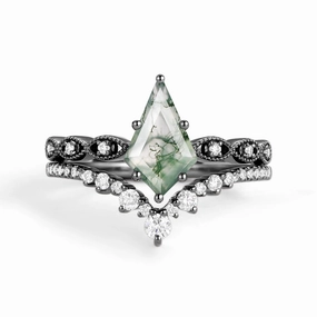 2.0ct Vintage Kite Cut Moss Agate Engagement Ring Set 2pcs - Winona Festival Present