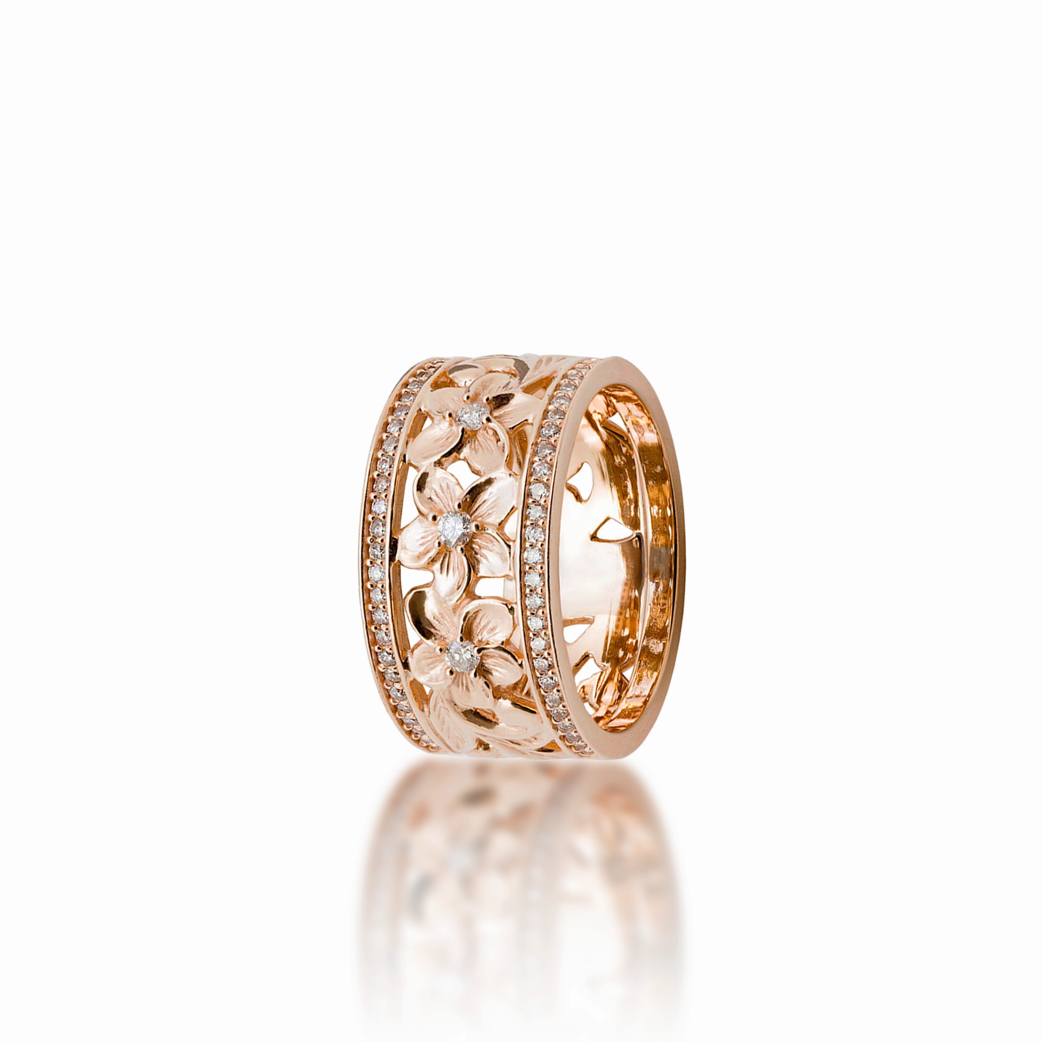 Hawaiian Heirloom Plumeria Ring in Rose Gold with Diamonds - 10mm Shimmering Craft Everyday Feature