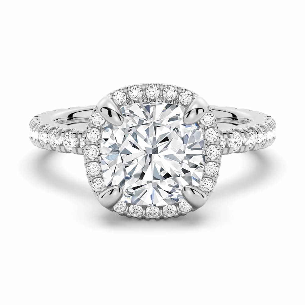 Classic Sparkle Half Eternity Cushion Cut Moissanite Halo Engagement Ring
