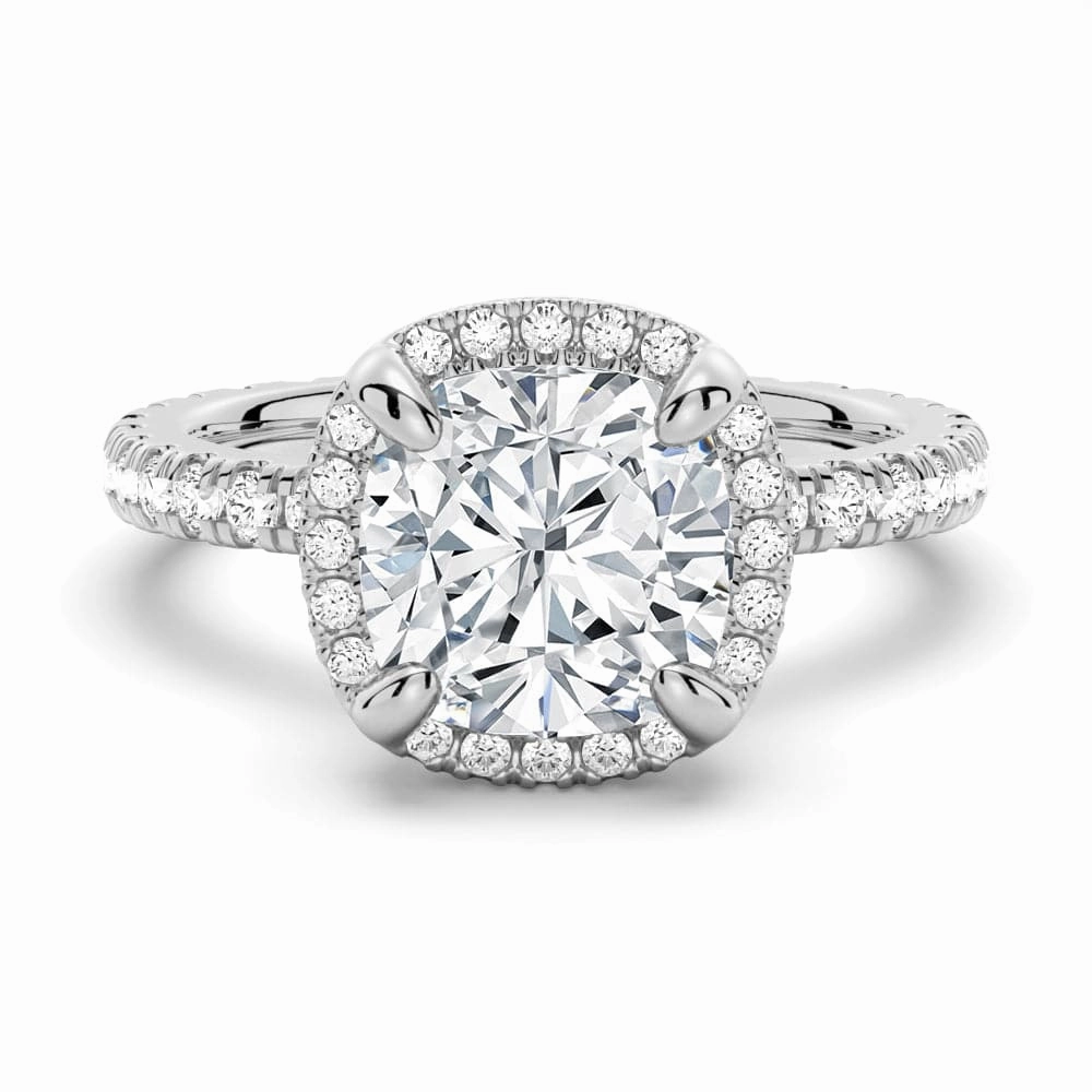 Half Eternity Cushion Cut Moissanite Halo Engagement Ring Alluring Design