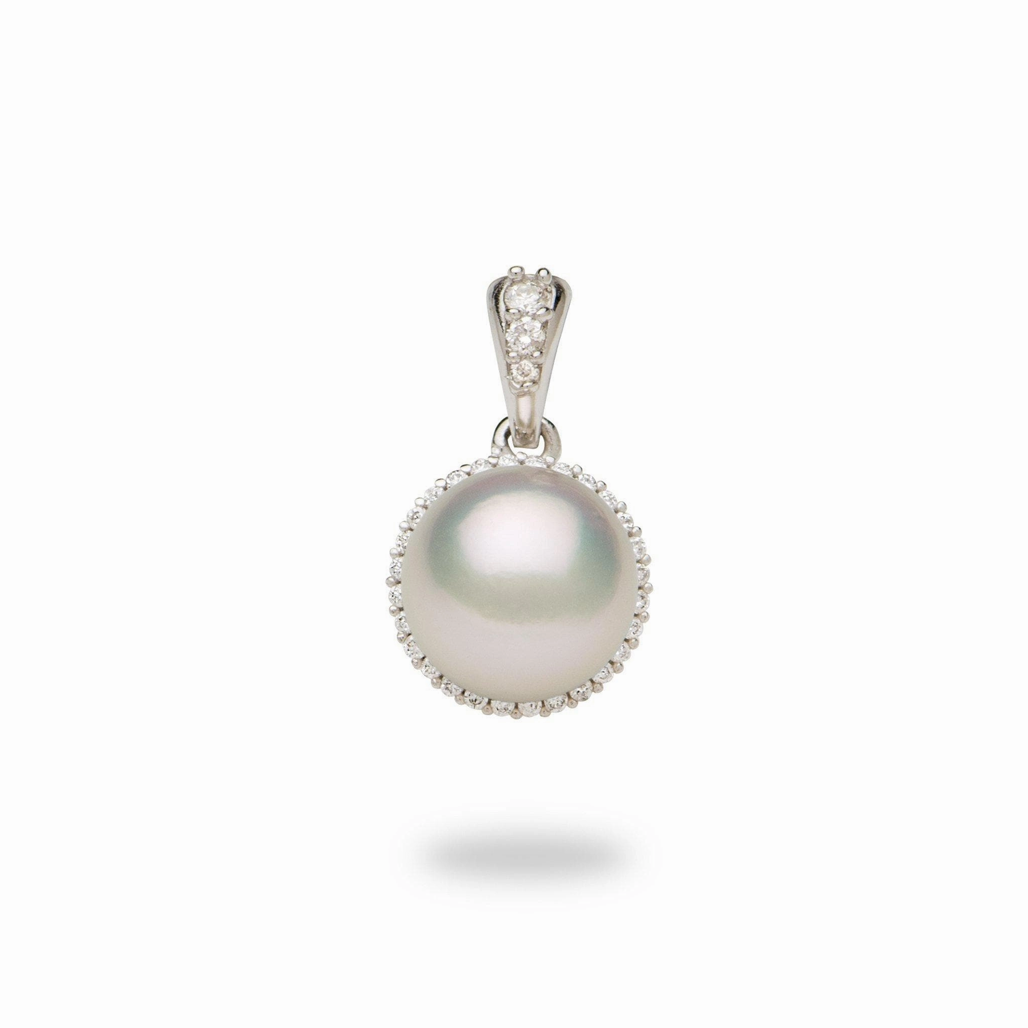 Ornate Edge Charming Detail Halo Akoya White Pearl Pendant in White Gold with Diamonds - 8-8.5mm