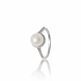 Halo Akoya White Pearl Ring in White Gold with Diamonds - 8mm Glistening Finish Layered Look